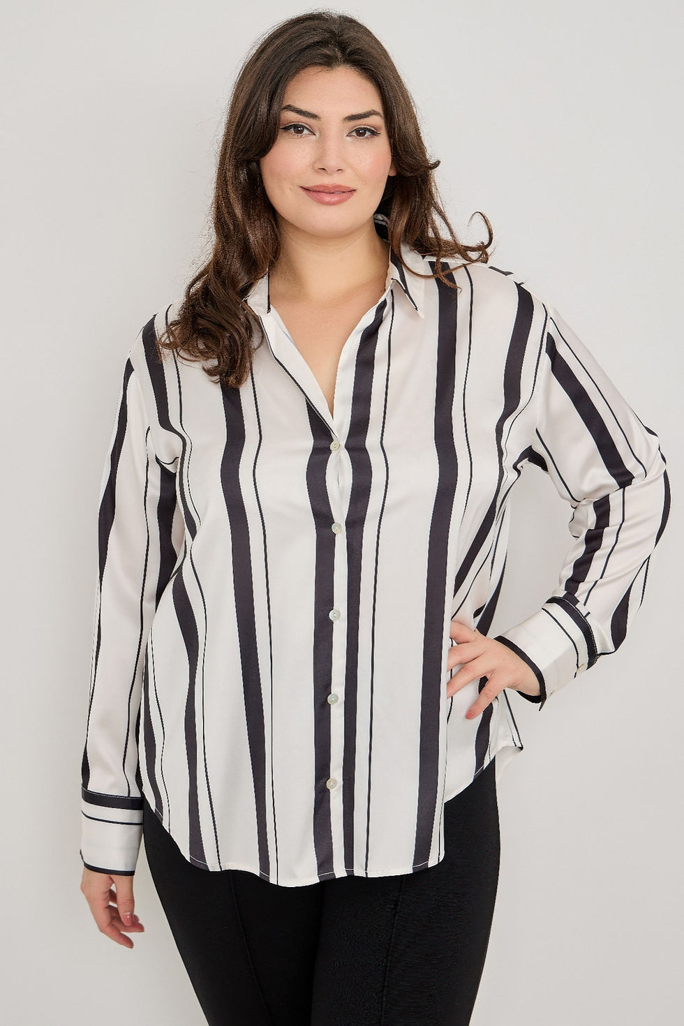 Thumbnail: Plus Size Vertical Stripe Button Down Blouse             