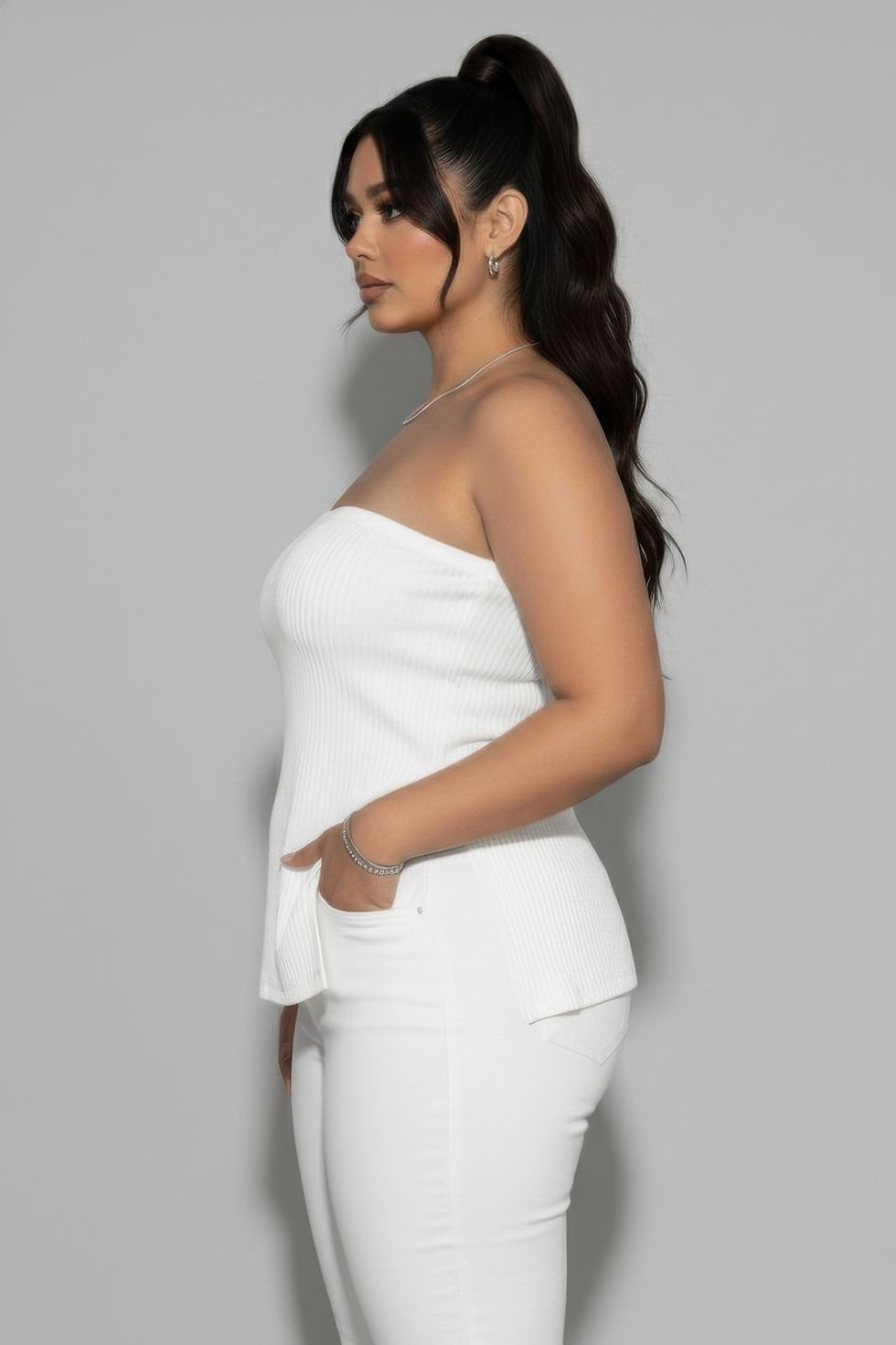 Thumbnail: Plus Strapless Ribbed Side-slit Flare Top