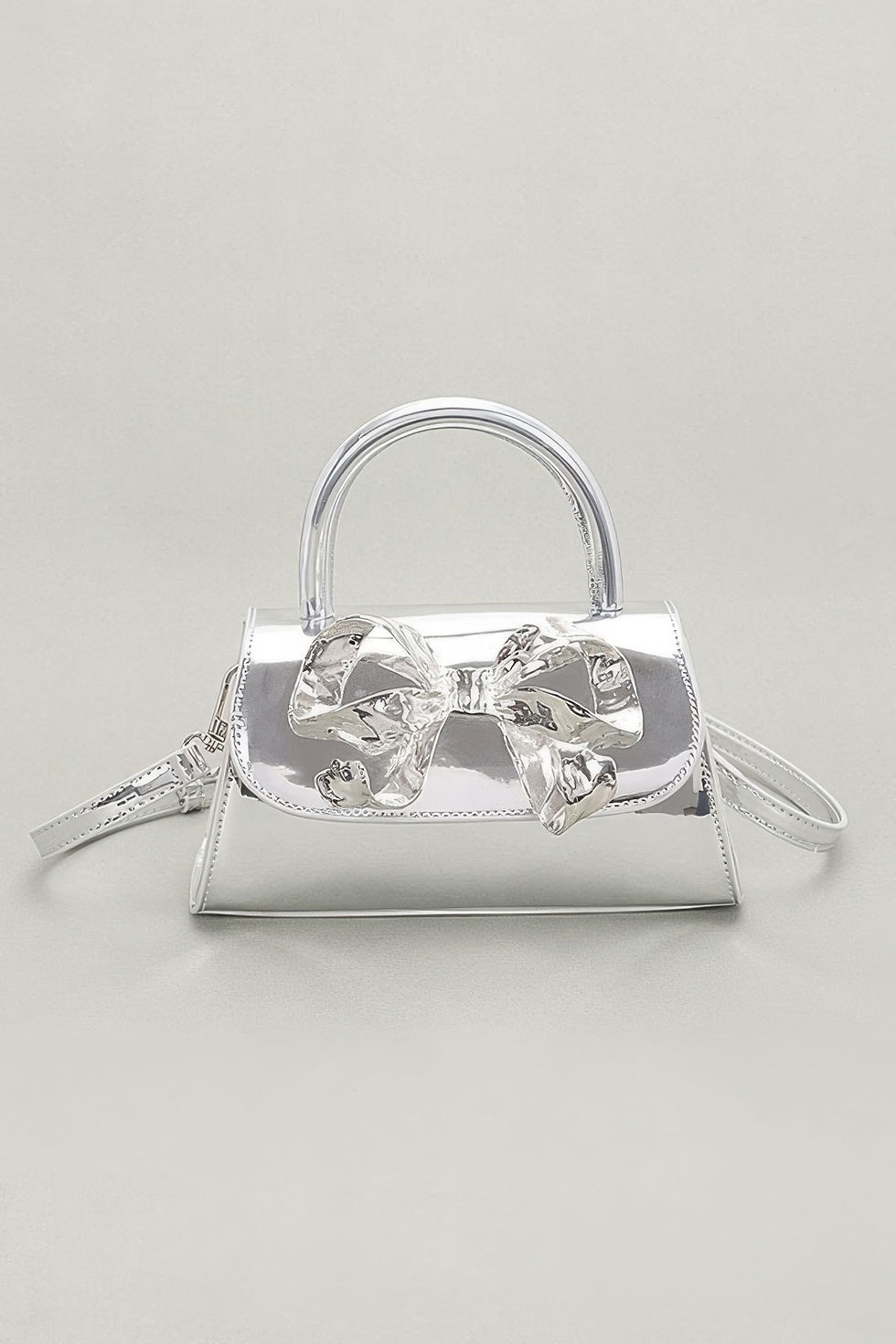 Thumbnail: Faux Mirror Leather Ribbon Metal Top Handle Bag 