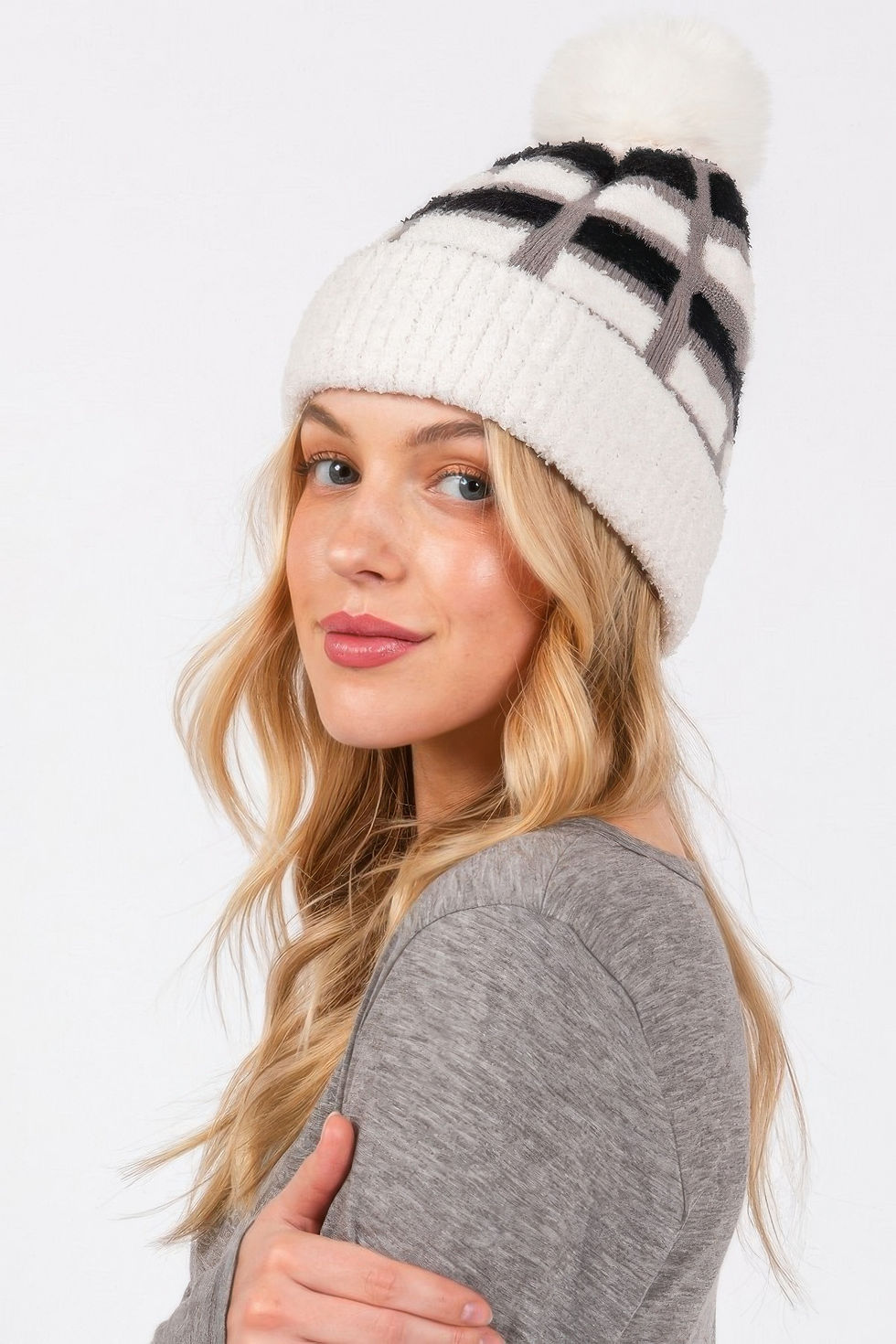Thumbnail: Cozy Color Blocked Pom Pom Beanie