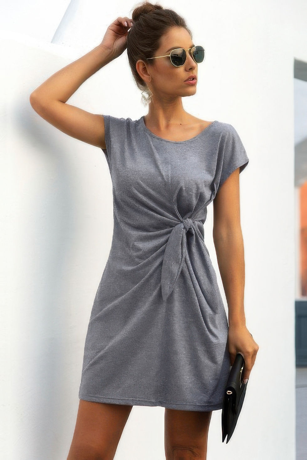 Thumbnail: Solid Twist Knot Front Short Sleeve Tee Fit Dress