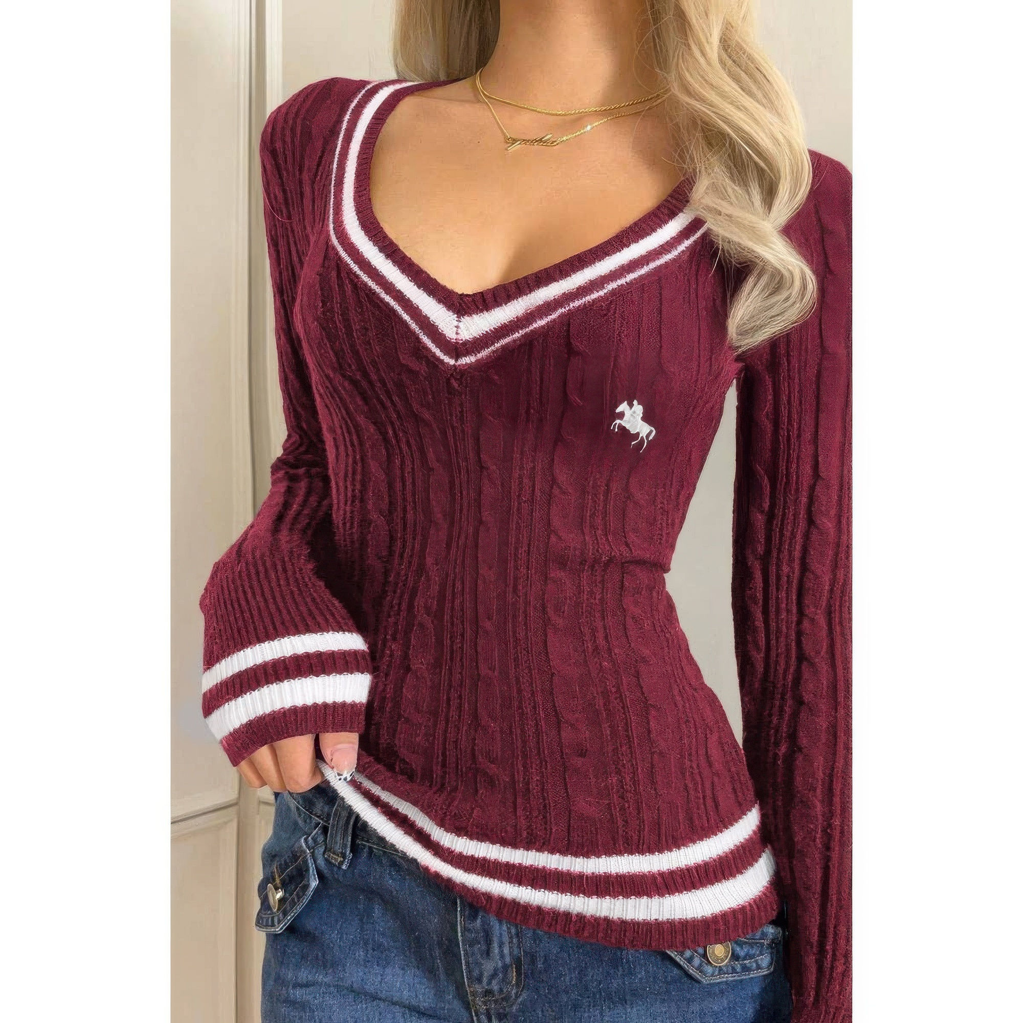 V Neck Cable Knit Long Sleeve Fit Sweater