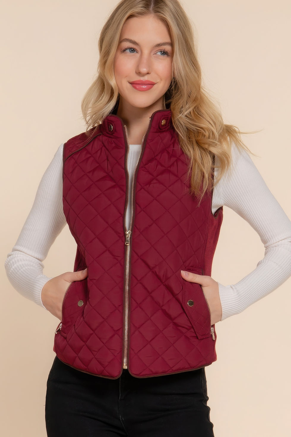 Thumbnail: Suede Piping Quilted Padding Vest