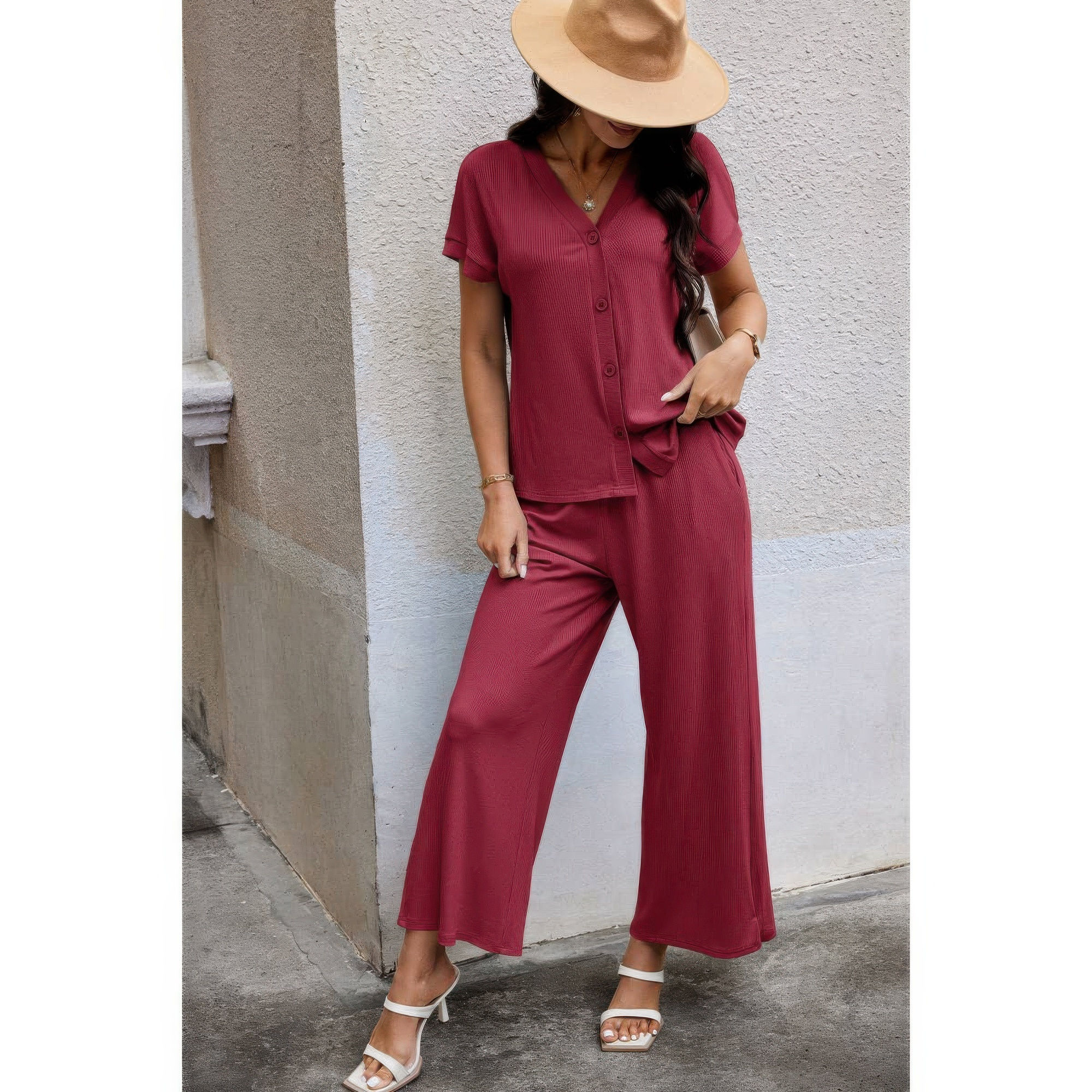 Solid Knit Pockets Button Up Two Pieces V Neck Set