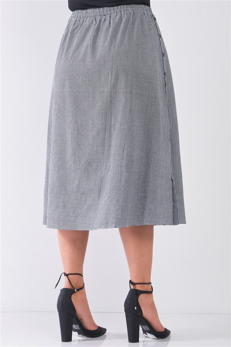 Thumbnail: Plus Size Black Gingham Print Side Button Midi Skirt