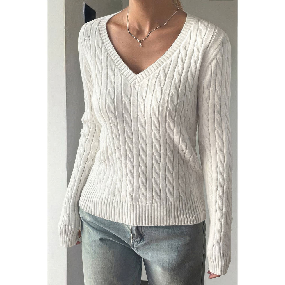 Thumbnail: Cable Knit V Neck Long Sleeves Fit Sweater