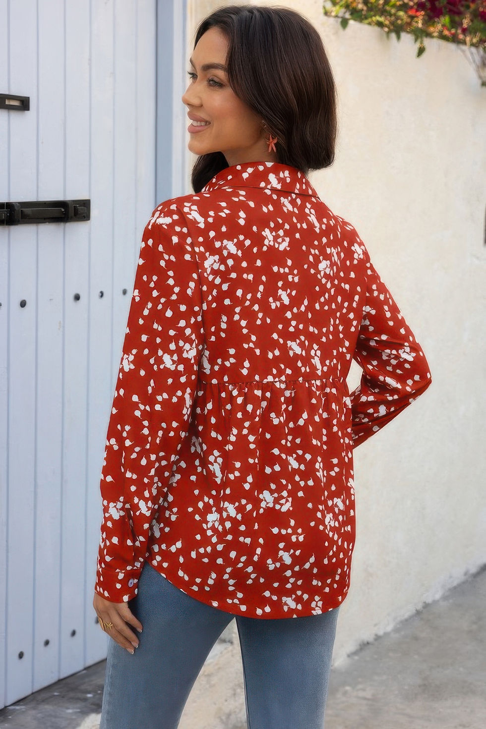 Thumbnail: Allover Print V Neck Button Down Loose Blouse