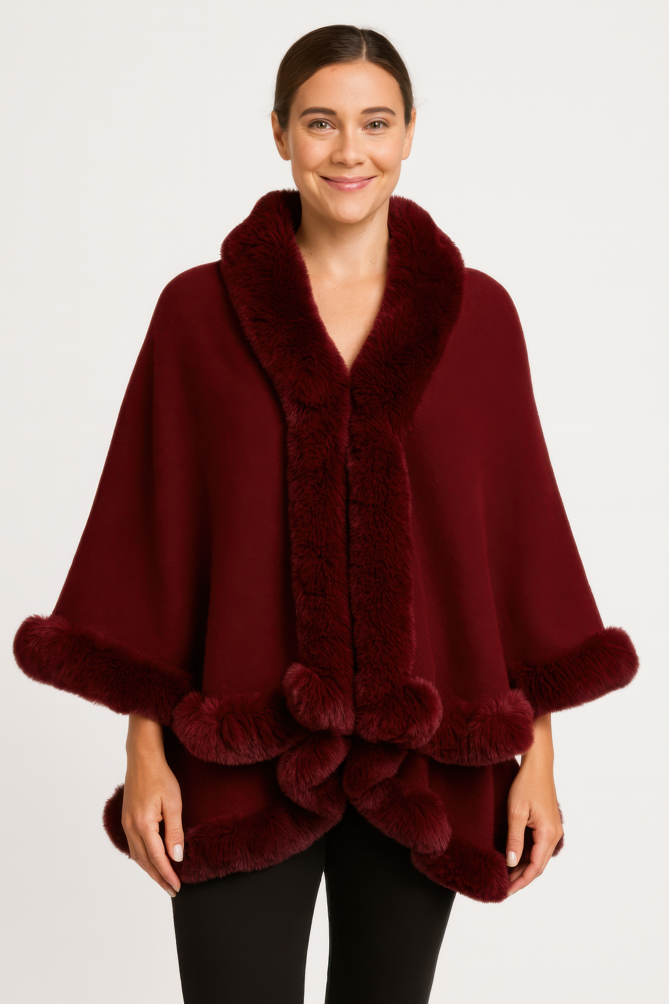 Crimson Elegance Faux Fur Trim Cape