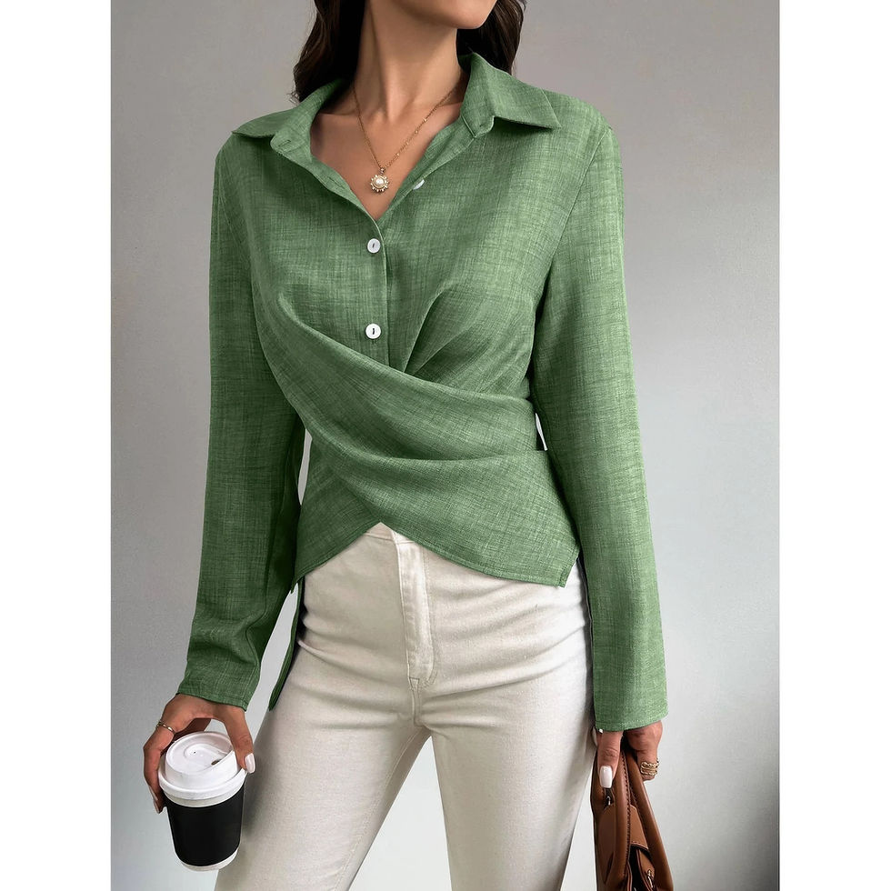 Thumbnail: Solid Crossed Button Long Sleeve Blouse