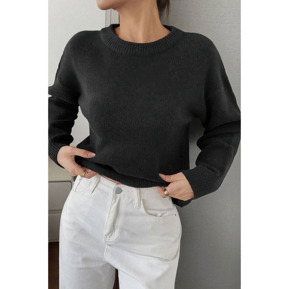 Thumbnail: Solid Round Neck Long Sleeve Drop Shoulder Sweater