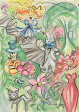 Girl running down the stairs with company and flowers