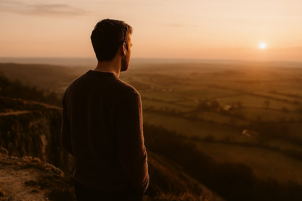 Persona contemplando el horizonte desde lo alto al atardecer, simbolizando claridad mental y expansión de conciencia.