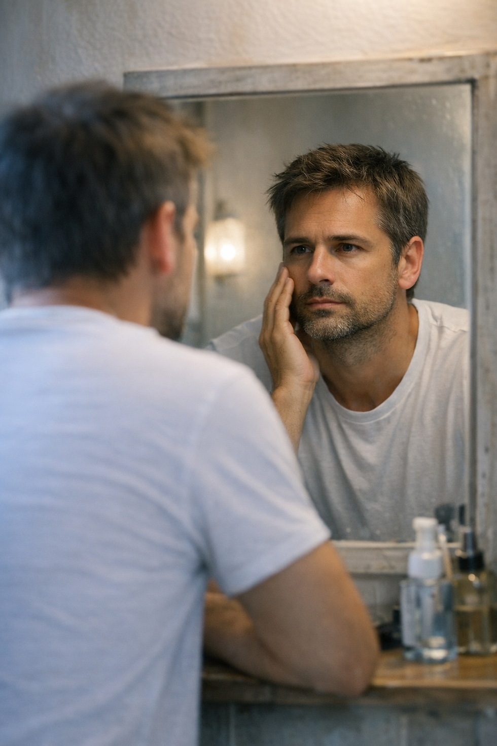 Persona frente al espejo en un momento de reflexión personal.