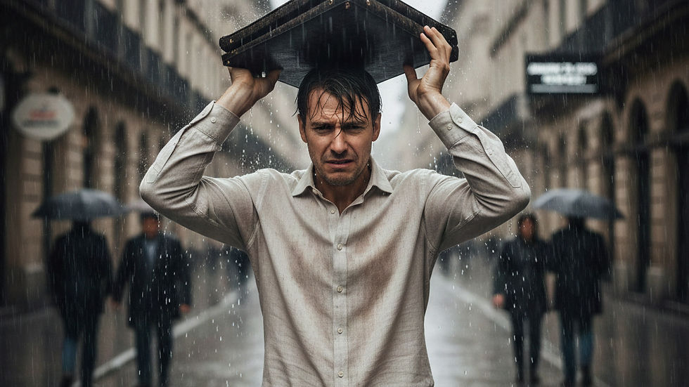 Hombre en la calle bajo la lluvia, usando su portafolio para cubrirse mientras su ropa se empapa. Al fondo, personas con paraguas caminan apresuradas. La escena refleja incomodidad y rechazo al clima, simbolizando cómo solemos resistir nuestras emociones en lugar de aceptarlas.