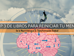 Portada del blog “Mi Top 3 de Libros para Reiniciar tu Mente”. Imagen con un cerebro ilustrado en tonos rosados y flechas azules que representan conexiones neuronales, detrás un círculo dividido en tres partes simbolizando el ciclo Conciencia → Método → Acción. En la parte superior, una persona aparece saltando al vacío sobre un fondo de cielo nublado, transmitiendo la idea de audacia y transformación.