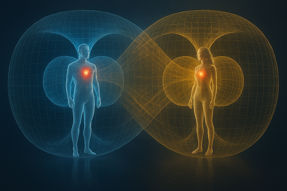 Dos figuras humanas con campos energéticos superpuestos; la figura azul a la izquierda y la amarilla a la derecha, cada una con un corazón brillante.