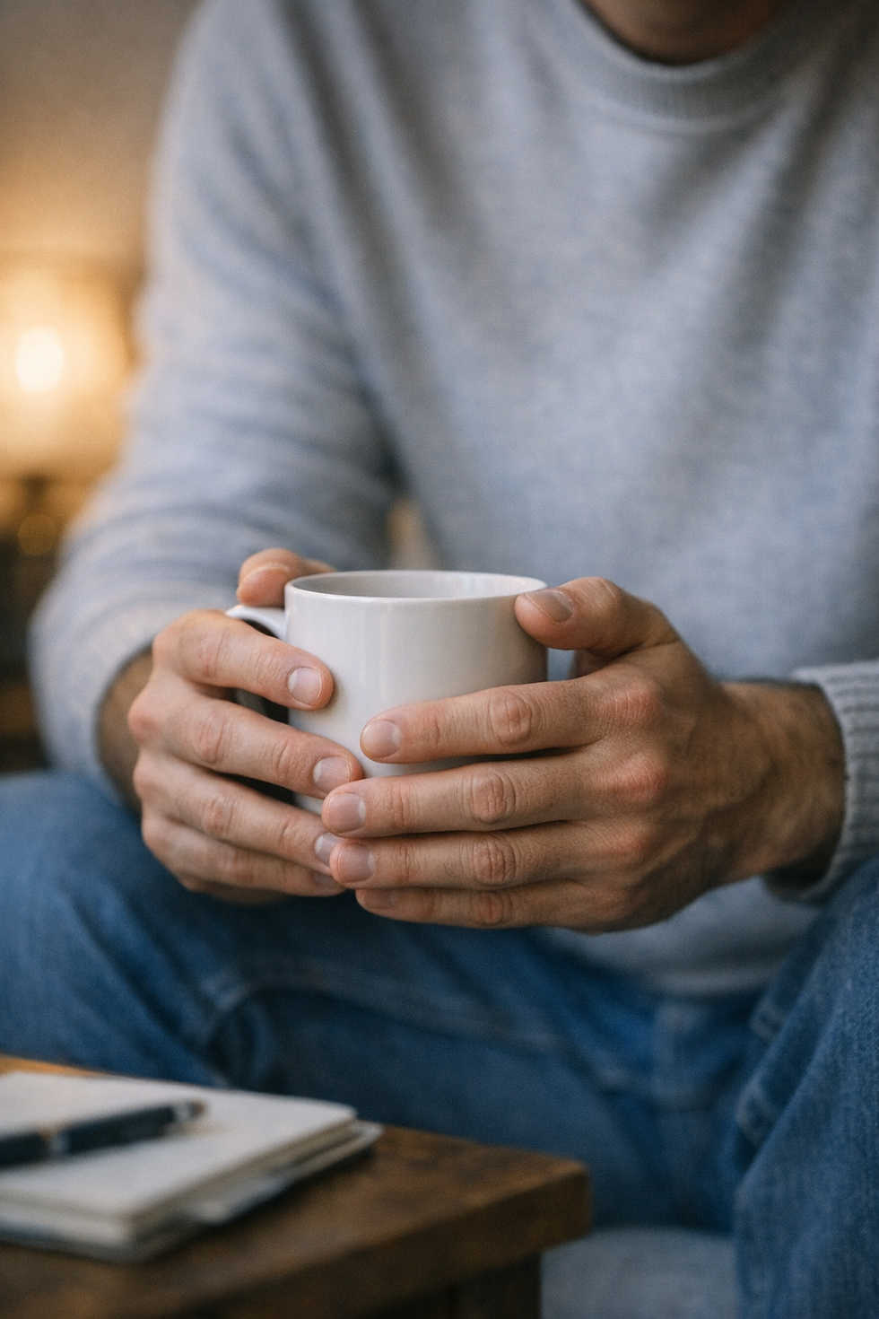Primer plano de manos sosteniendo una taza caliente en un momento de calma y reflexión.