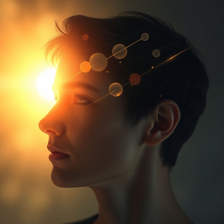 Perfil de persona iluminado por luz cálida con orbes flotantes conectados a su alrededor. Fondo oscuro, ambiente futurista y reflexivo.