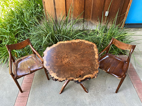 Claro Walnut natural edge table with Sam Maloof lowback chairs