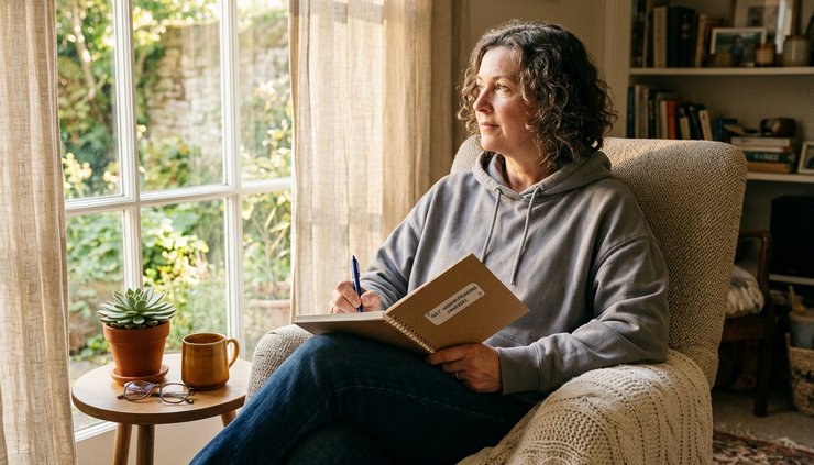 Eye-level view of a person sitting with a notebook beside a sunny window.