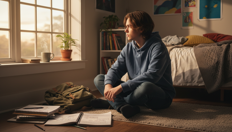 Eye-level view of a teenager sitting quietly near a window with a school backpack nearby