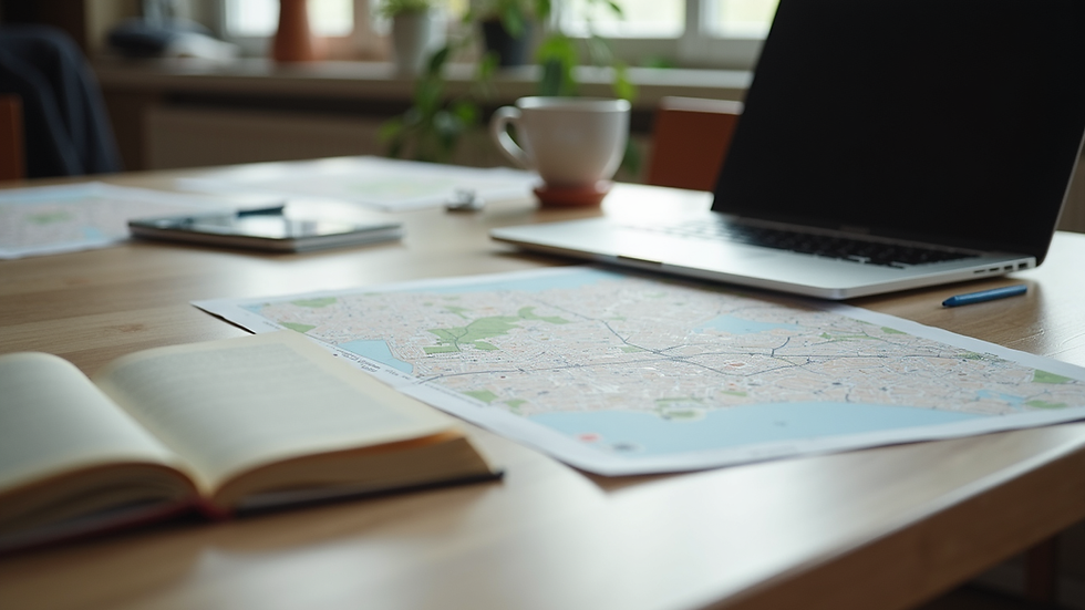Seitenansicht eines Schreibtisches mit Laptop und Notizbuch, umgeben von Wiener Stadtplänen