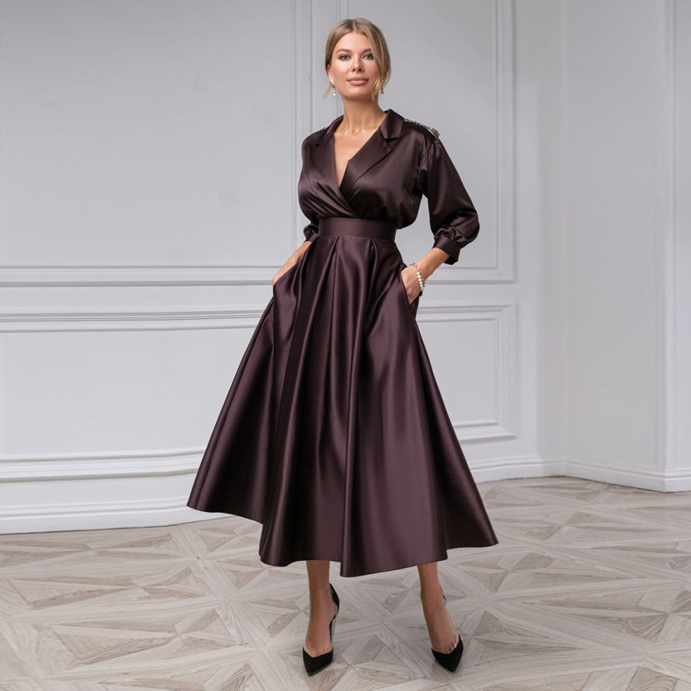 Elegant Evening Dresses For Woman Gray Tea Length With Sleeves Pockets Simple Pr