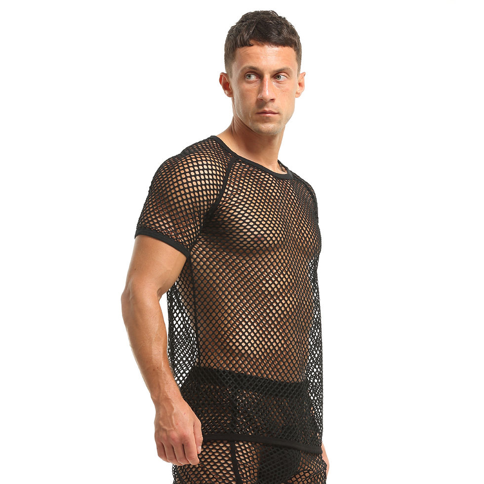 Thumbnail: Sexy T-shirts for Men See-Through Mesh Breathable Short Sleeve Clothing Black Fa