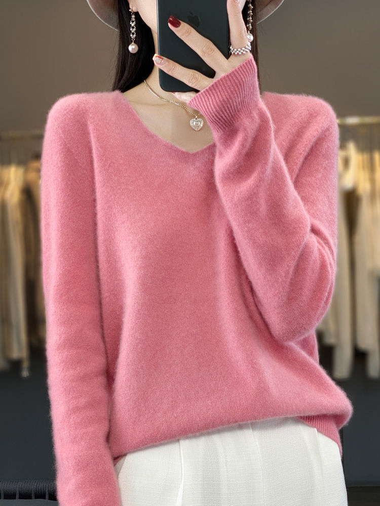 Thumbnail: Fashion100% Merino Wool Sweater Cashmere  Pullover Women Knitwear V-Neck Long Sl