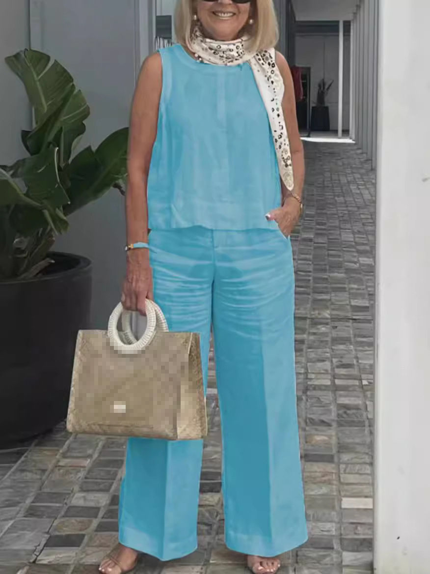 Thumbnail: Simple Cotton Linen Women's Suits Summer Fashion Sleeveless Loose Blouse Wide Le