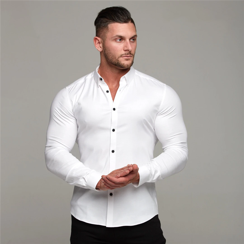 Thumbnail: New Spring Autumn Mens Full Sleeve Shirt Solid Fitness Men Turndown Collar Super