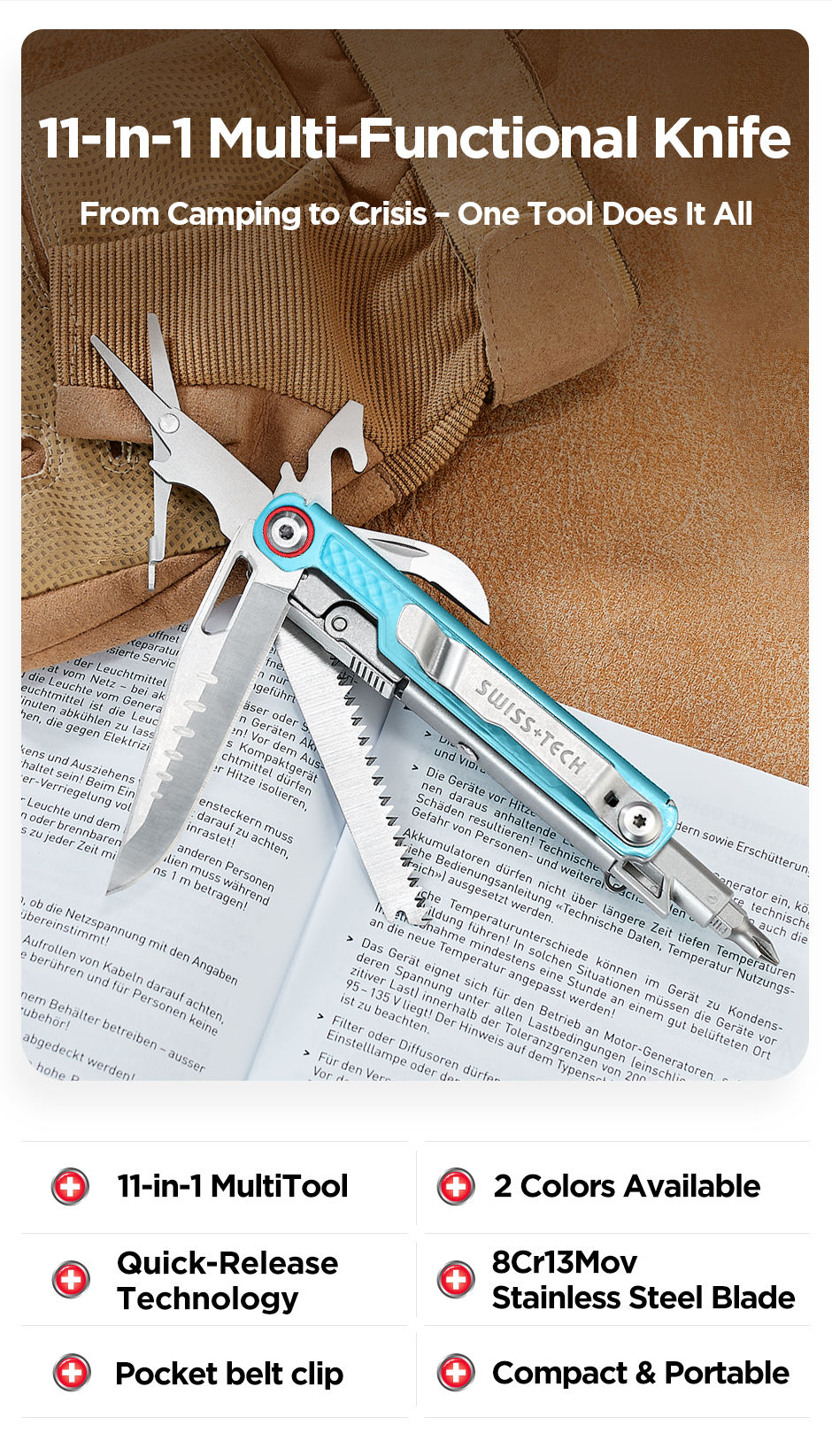 Thumbnail: SWISS TECH 11 in 1 Multitool EDC Outdoor Survival Multi-function Tools with Scis
