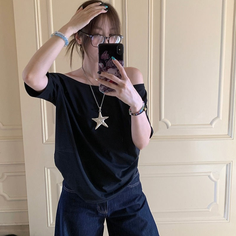 Thumbnail: T-shirts Women Niche Design Off Shoulder Solid Short Sleeve Summer Chic Loose Ca
