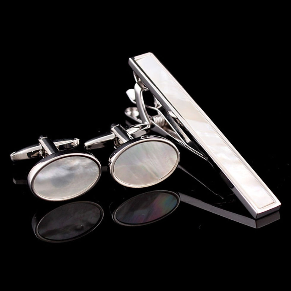 Men's Formal Attire Tie Clip Cufflinks White Shell Suit Fashionable Shirt Sleeve