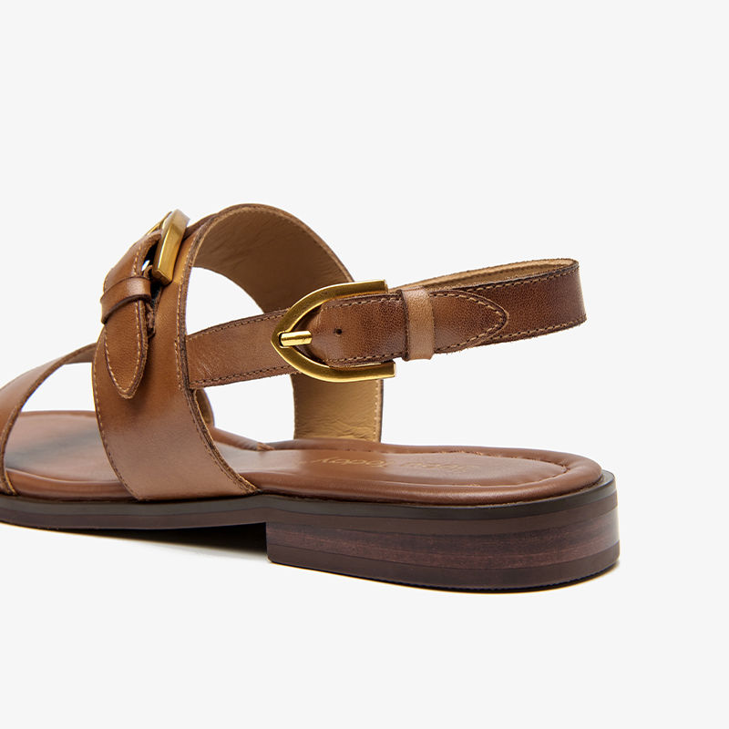 Thumbnail: BEAUTODAY Flat Sandals Genuine Leather Metal Buckle Decro Slingback Low Heel Sum