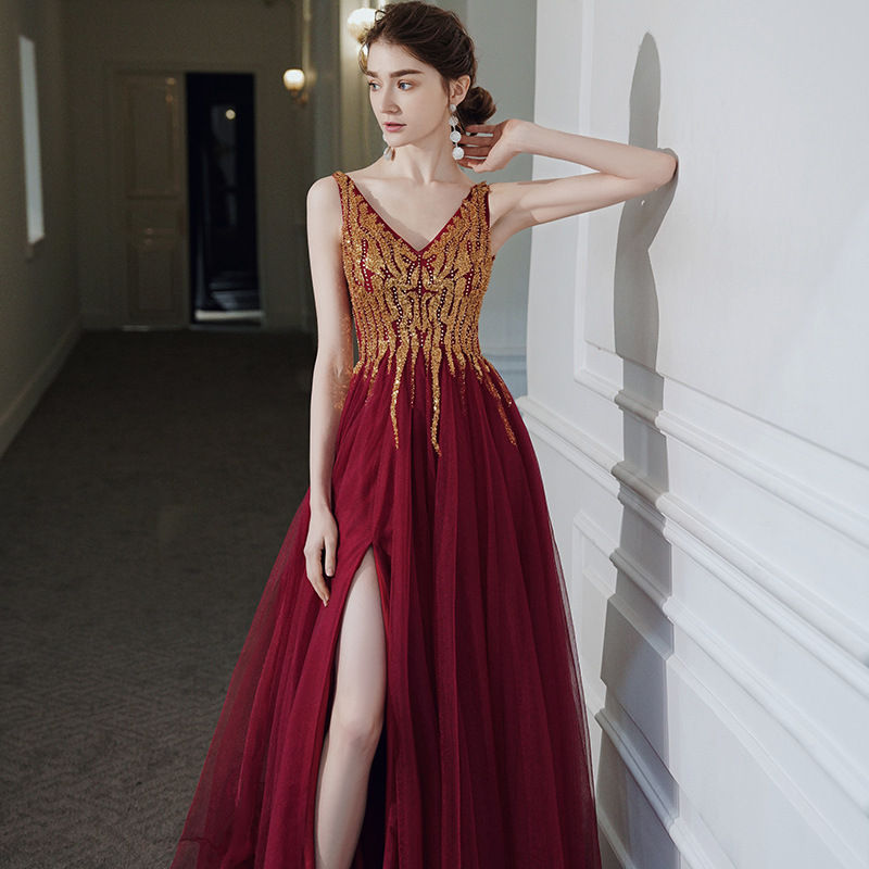 Thumbnail: Women's Evening Dresses Sexy V-neck Luxury Formal Party Gown Backless Beads Sequ