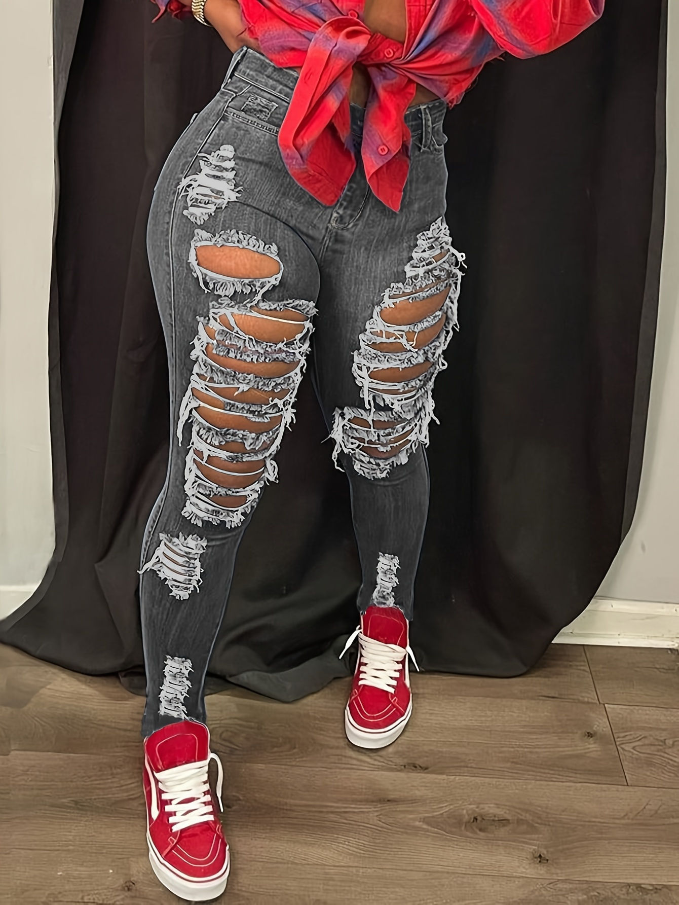 [Distressed High Waisted Jeans] High Waisted Ladies' Classic Distressed Torn Ela