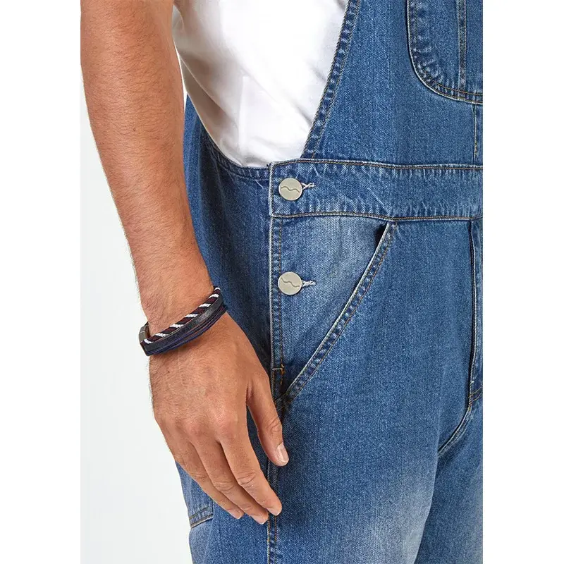Thumbnail: Men's Denim Bib Pants Washed Full Length Jumpsuits Hip Hop Straight Jeans Overal