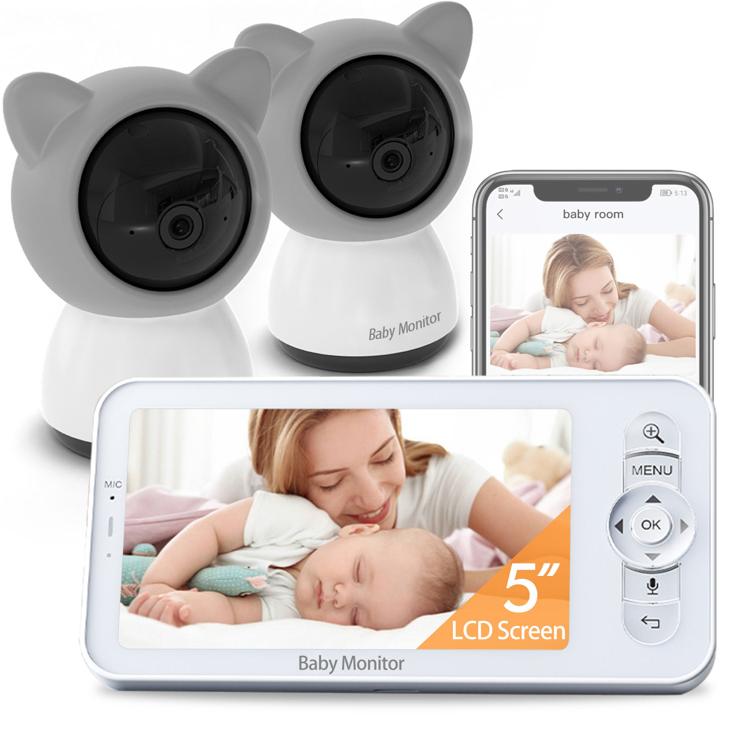 Babystar 5-inch LCD baby monitor with two cameras, supports split screen, WiFi s