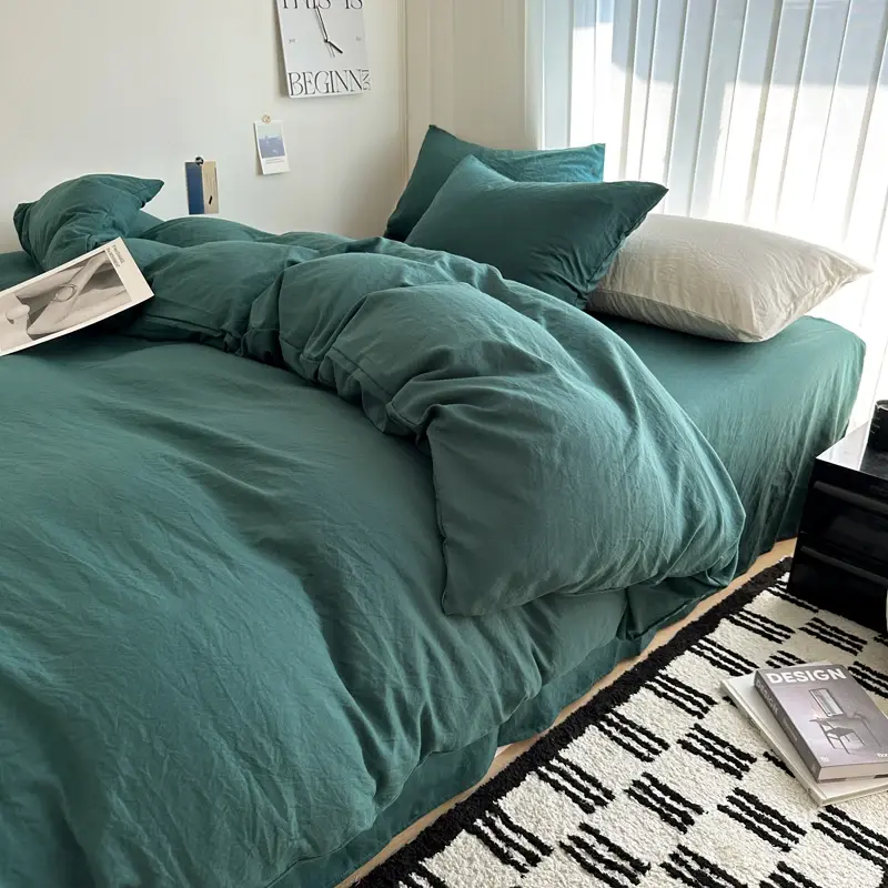 Thumbnail: Bed Linen Solid Cotton Bedding Set with Sheet Duvet Cover Pillowcases Single Cou