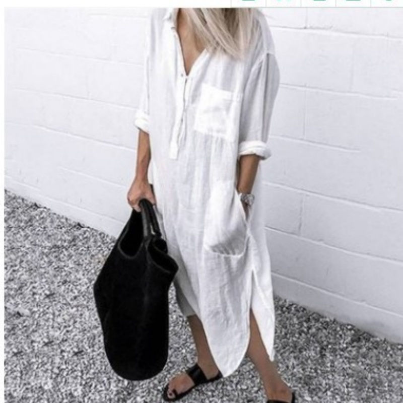 Thumbnail: Cotton and linen women's long skirt 2025 new casual long sleeved shirt dress ove