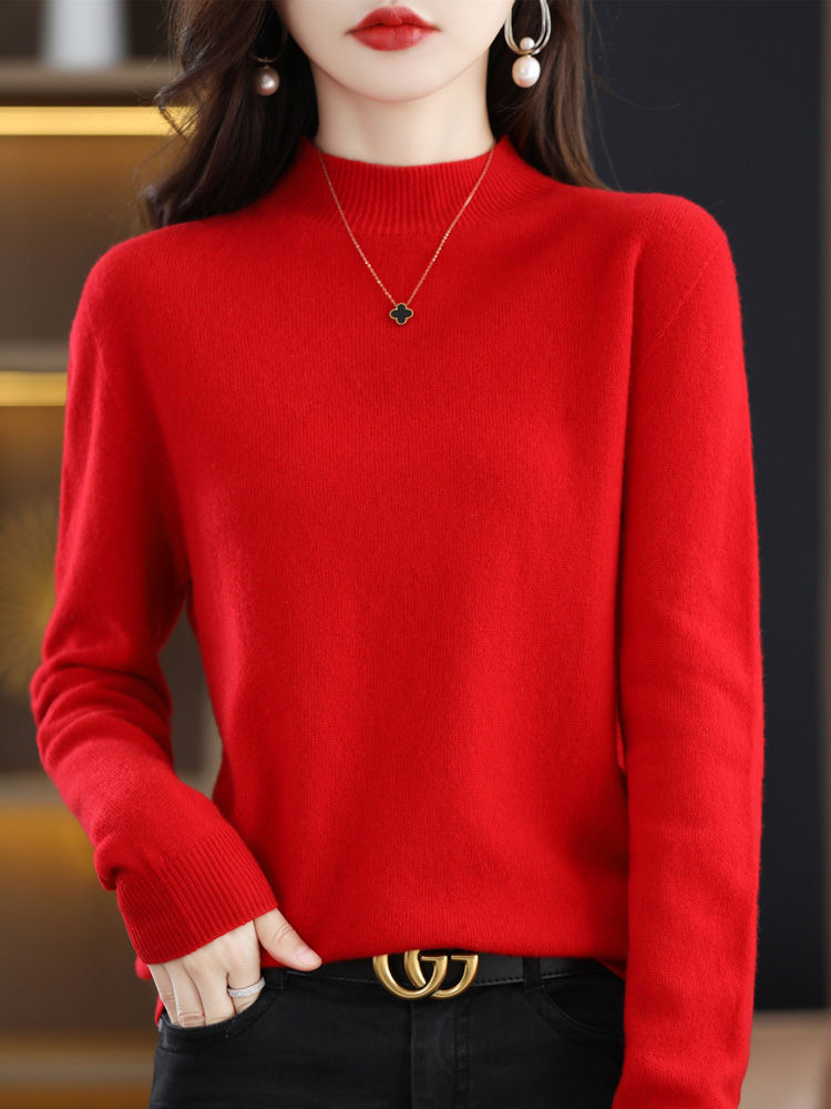 Thumbnail: Fashion Women Sweaters Pullovers 100% Merino Wool Knitwear Mock Neck Basic Casua