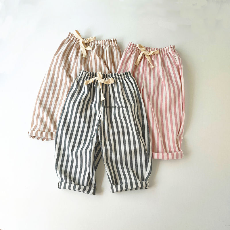 Thumbnail: Children's Clothing Vintage Linen Cotton Stripe Pants Baby Boy Girl Casual Short