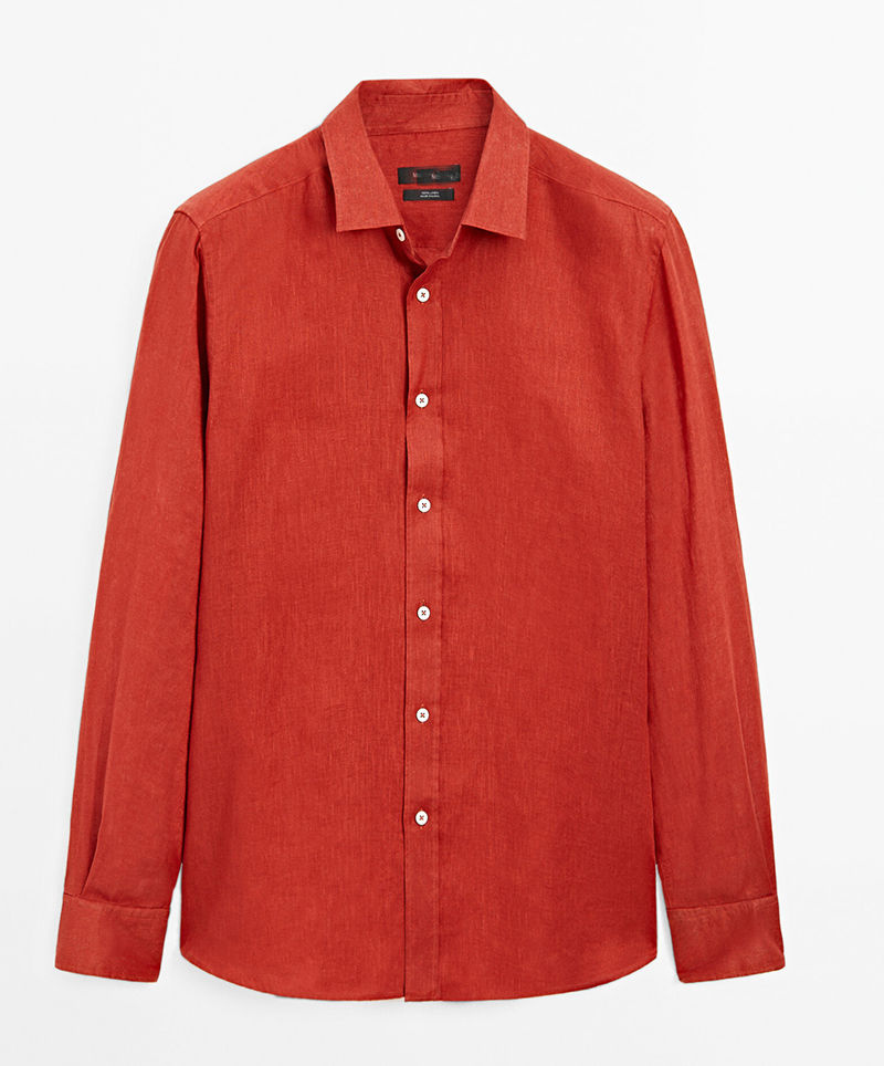 Thumbnail: 100% Natural Linen Men's Shirt, Solid-colored Lapel Long-sleeved Simple Top, Cas