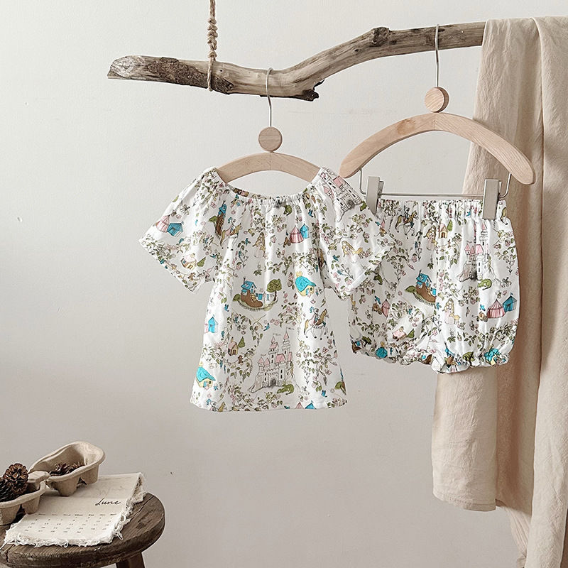Thumbnail: Summer Bamboo Cotton Breathable Kids Girls 2pcs Suit Full Print Cartoon Print T-