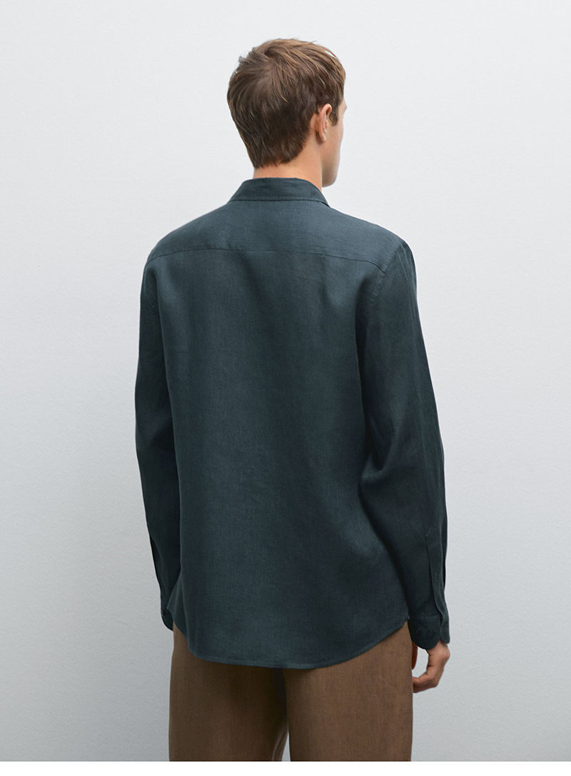 Thumbnail: 100% Natural Linen Men's Shirt, Solid-colored Lapel Long-sleeved Simple Top, Cas