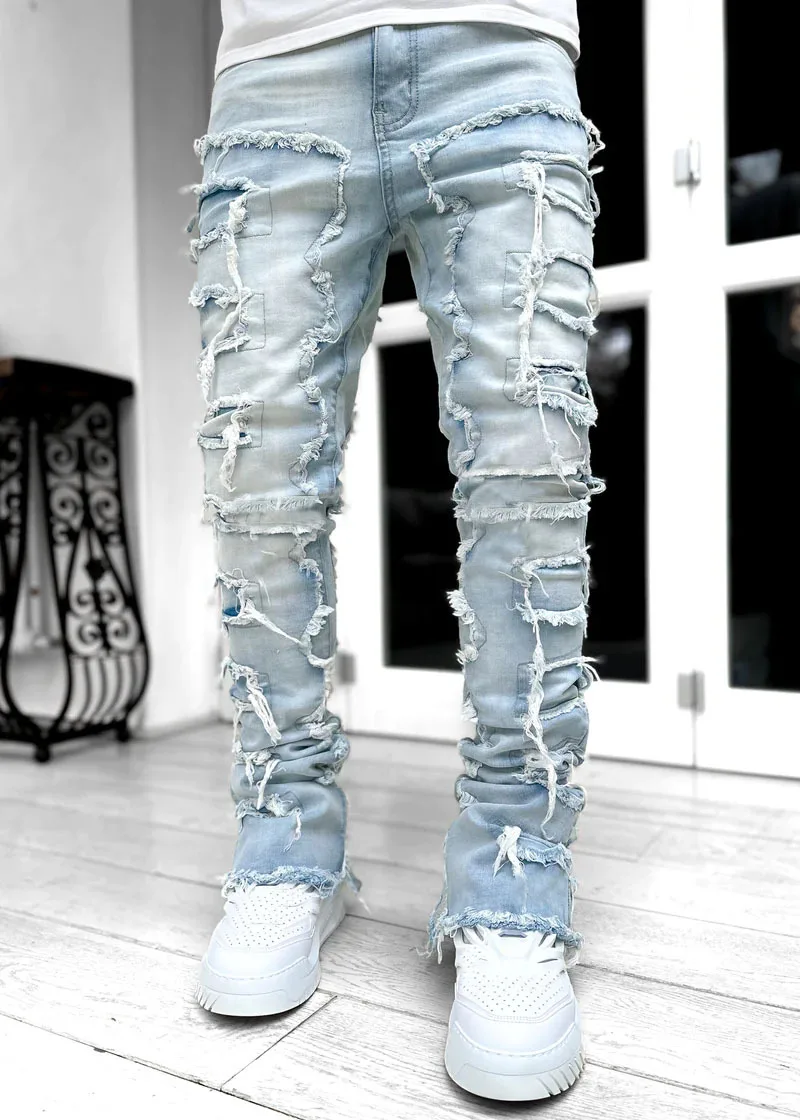 Thumbnail: Men's Regular Fit Stacked Jeans Ripped Slim Fit Patch Distressed Destroyed Strai