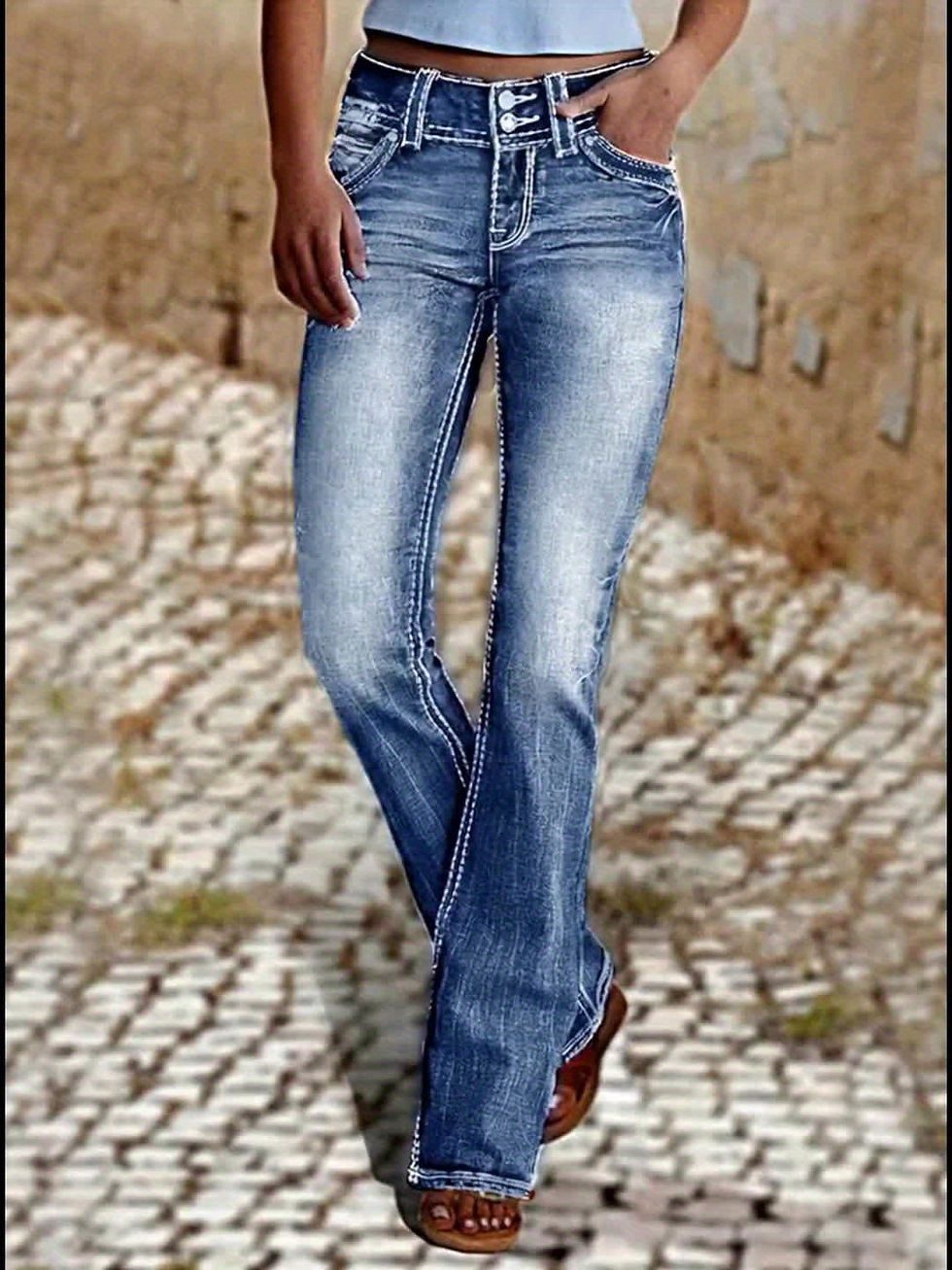 Thumbnail: Women's Elastic Slim Straight Leg Jeans, Slanted Pockets, Classic Double Button 