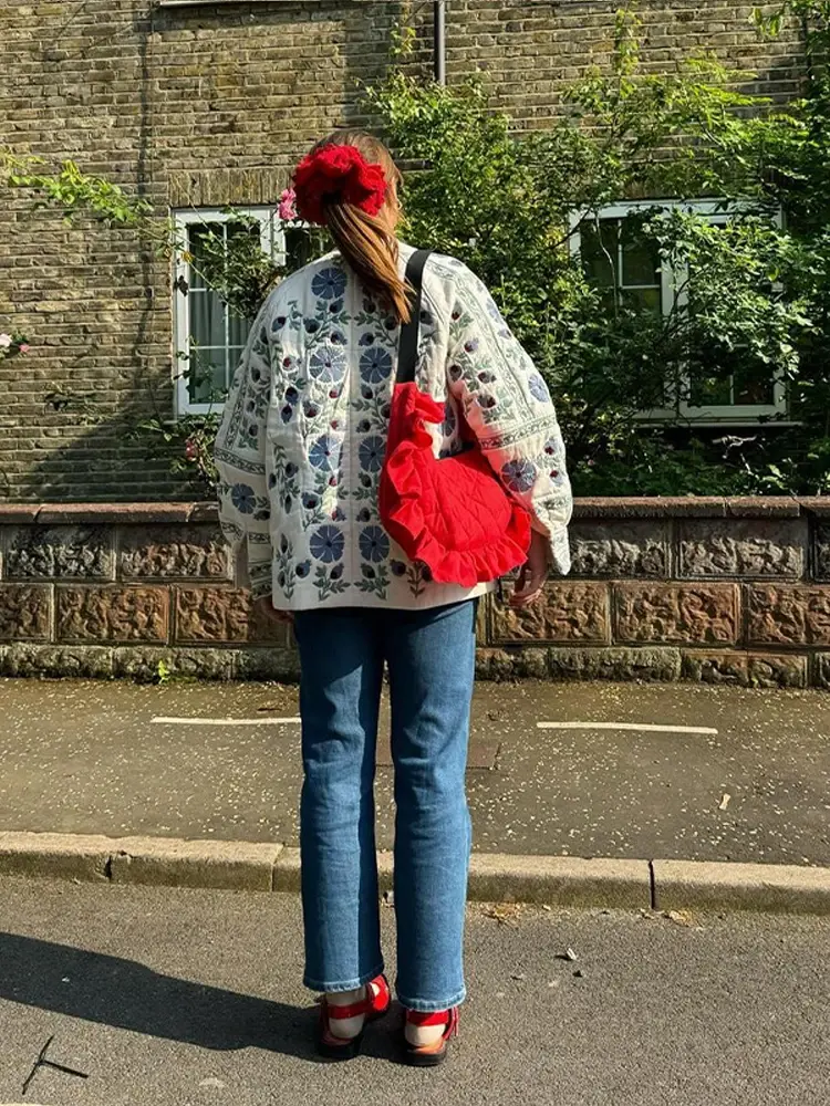Thumbnail: Printed Lace Up Belt Cotton Coat Jacket Single Breasted Casual Loose Waist Cinch