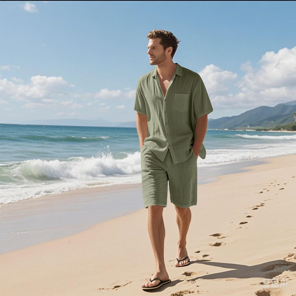 Thumbnail: New summer men's retro cotton and linen shirt set, fashionable lapel button beac